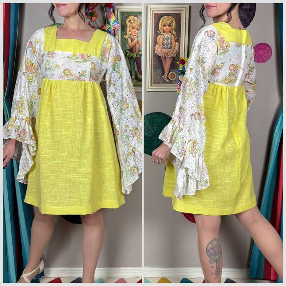 Vintage 1970s Yellow Novelty Print Angel Sleeve Babydoll Mini Dress - Picture 4 of 9